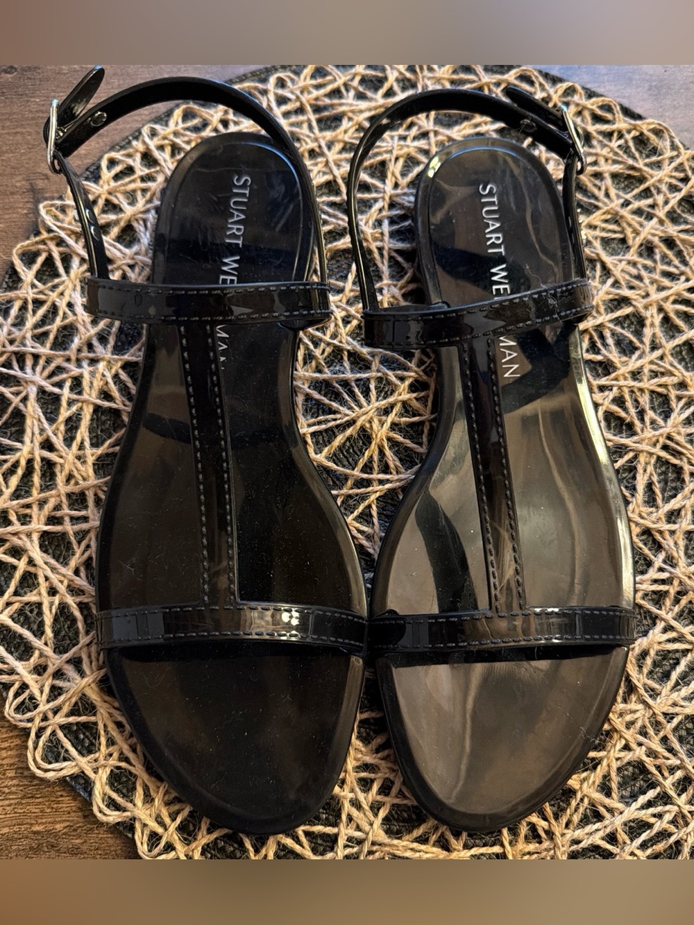 Stuart Weitzman Black Patent T-Strap Sandals with Ankle Buckle